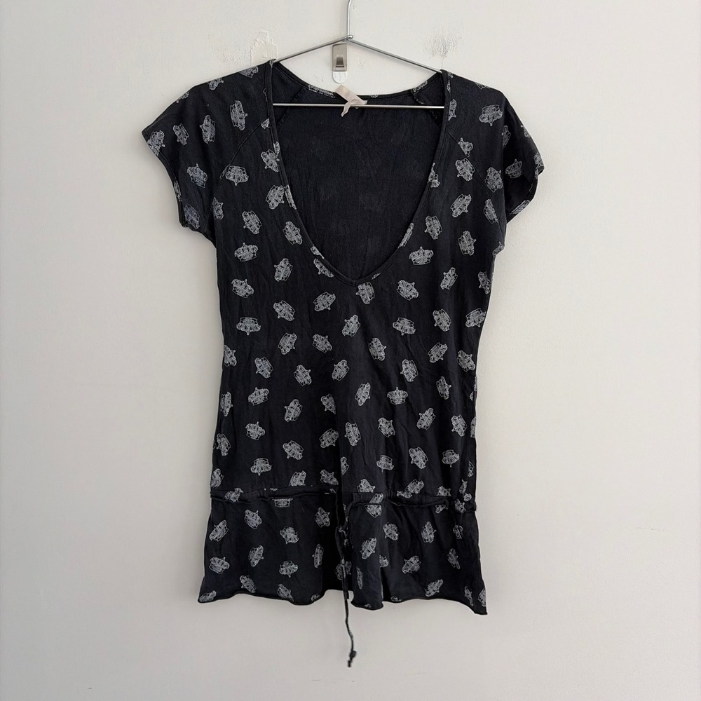 Anchor Blue Women Black Crown Print Deep V-Neck Cinched Waist Tunic Top Medium